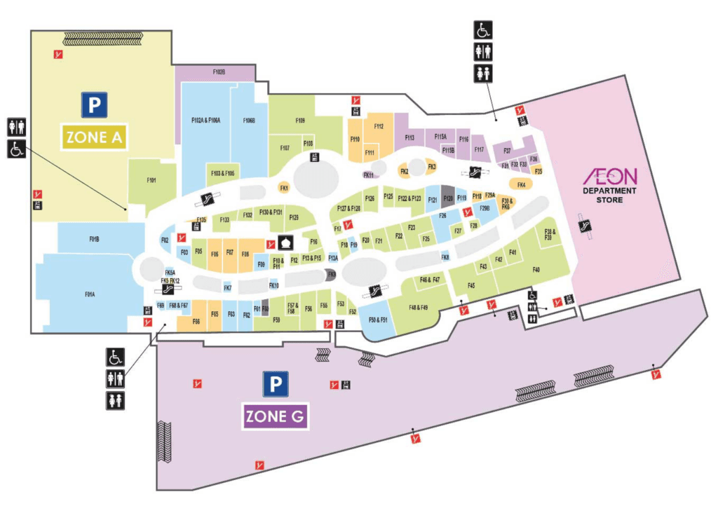 Floor-plan upload panel with a floor label, and the mall underlay showing on the canvas.