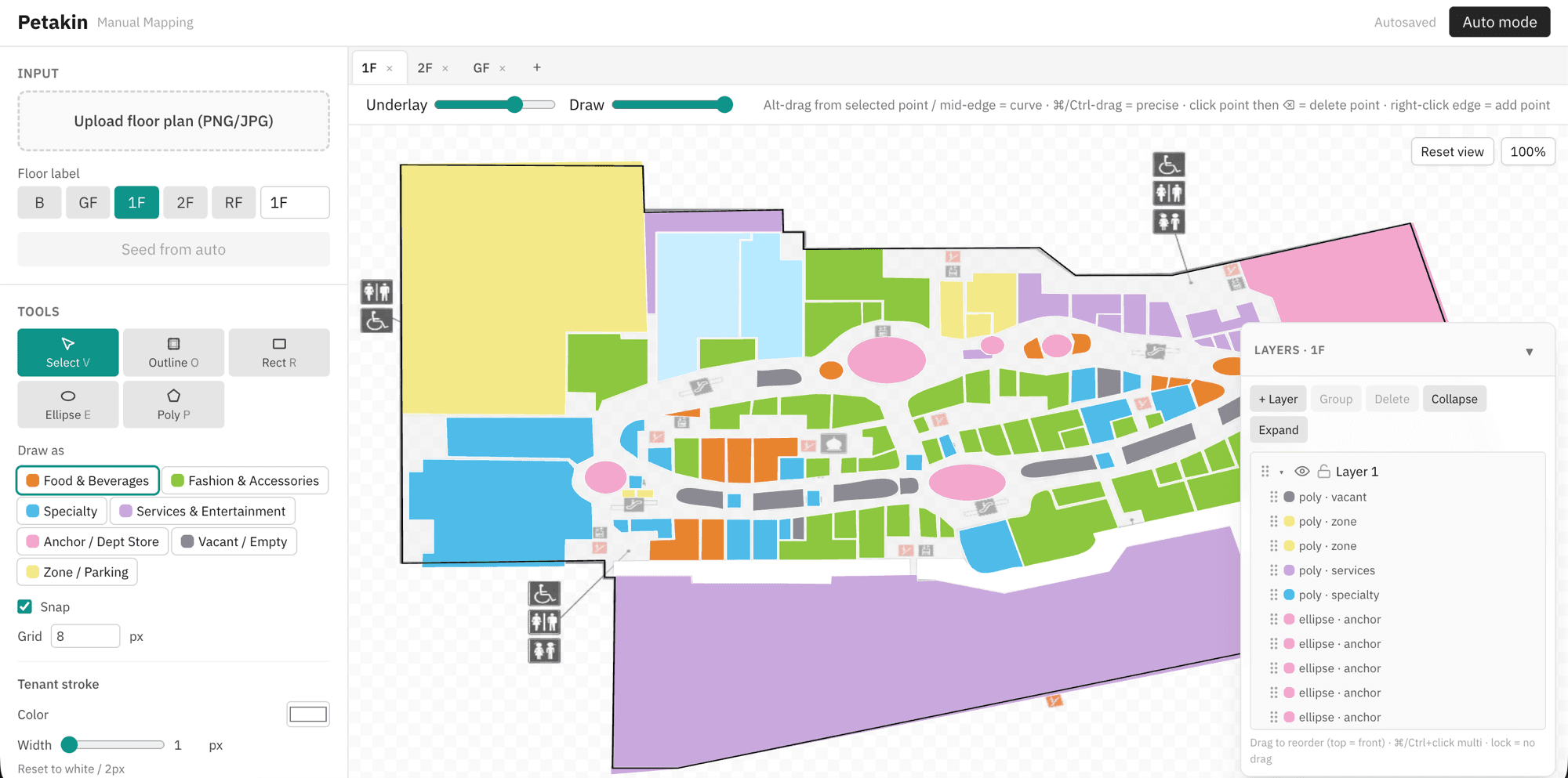 Manual mode: store units drawn as color blocks over the underlay, with a layer panel and floor tabs.